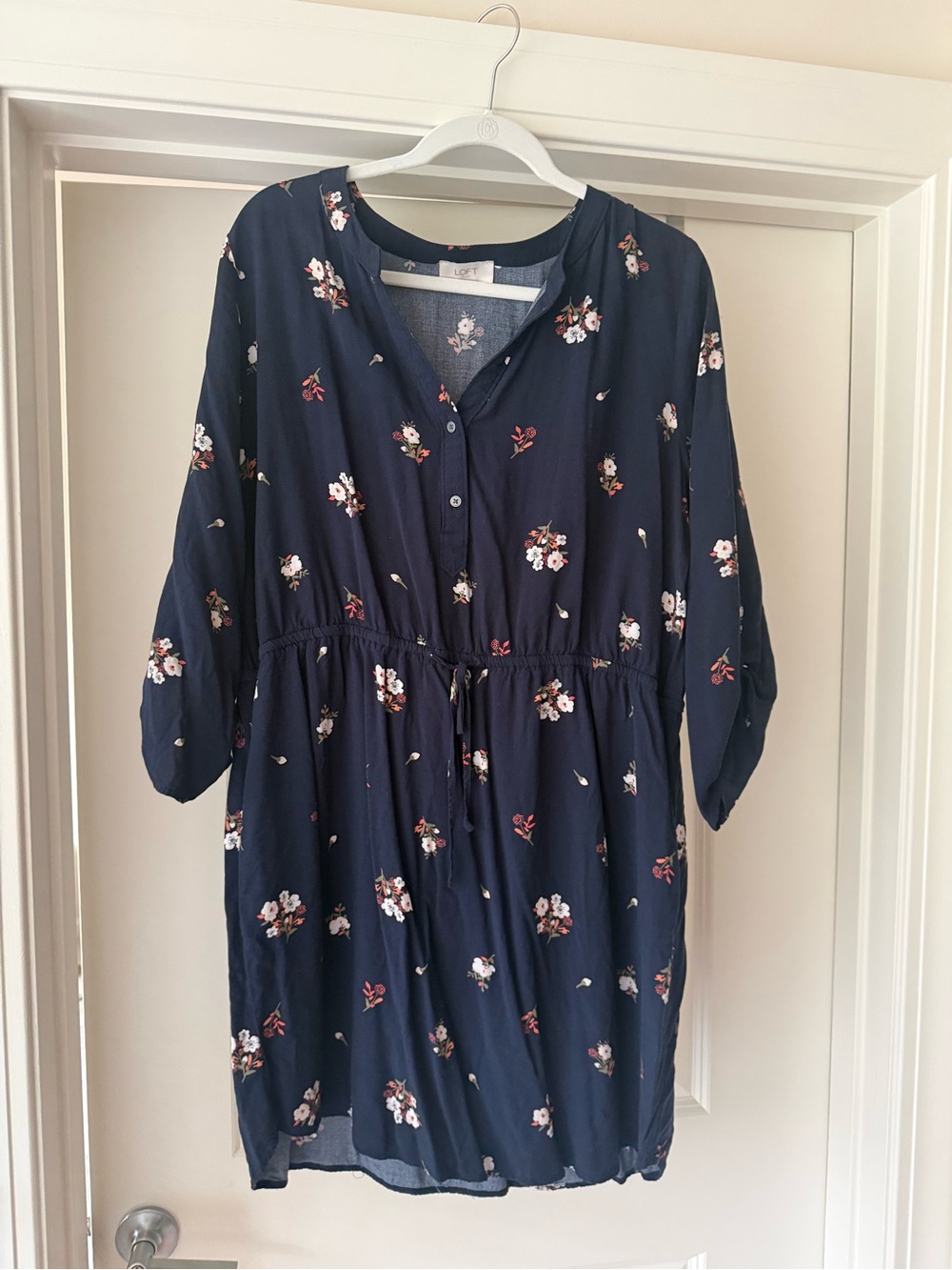 LOFT Navy Floral Drawstring Waist Long Sleeve Dress